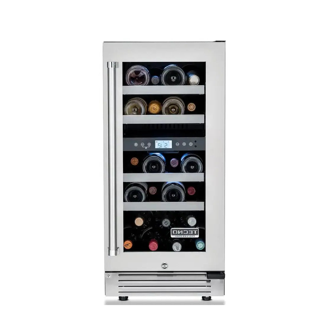 Alt Tag: Adega Tecno Professional 23 Garrafas inox 38cm abertura direita com porta em vidro e prateleiras para vinhos